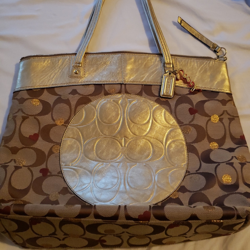 COACH Large Tote Bag Purse Bag Khaki Gold
